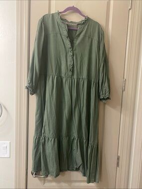 Westbound Olive Green Tiered Midi Dress with Ruffle Trim